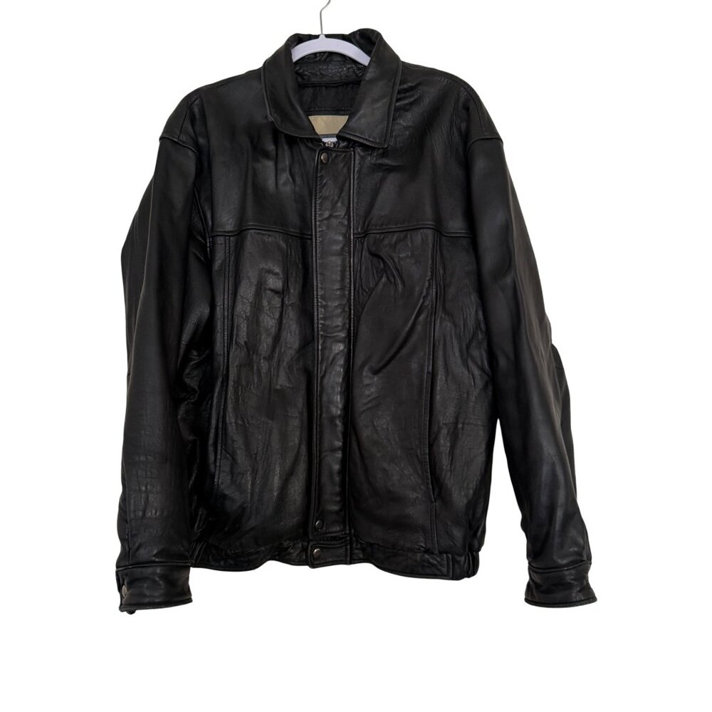 Vintage Autumn Trails Mens Black Leather Jacket Quilted Lining Size XL